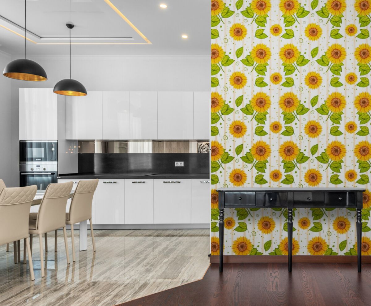 Papier peint motif tournesol mur cuisine