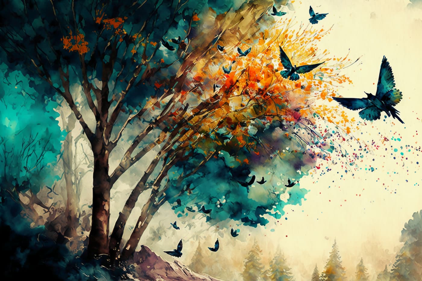 Papier peint arbres et papillons