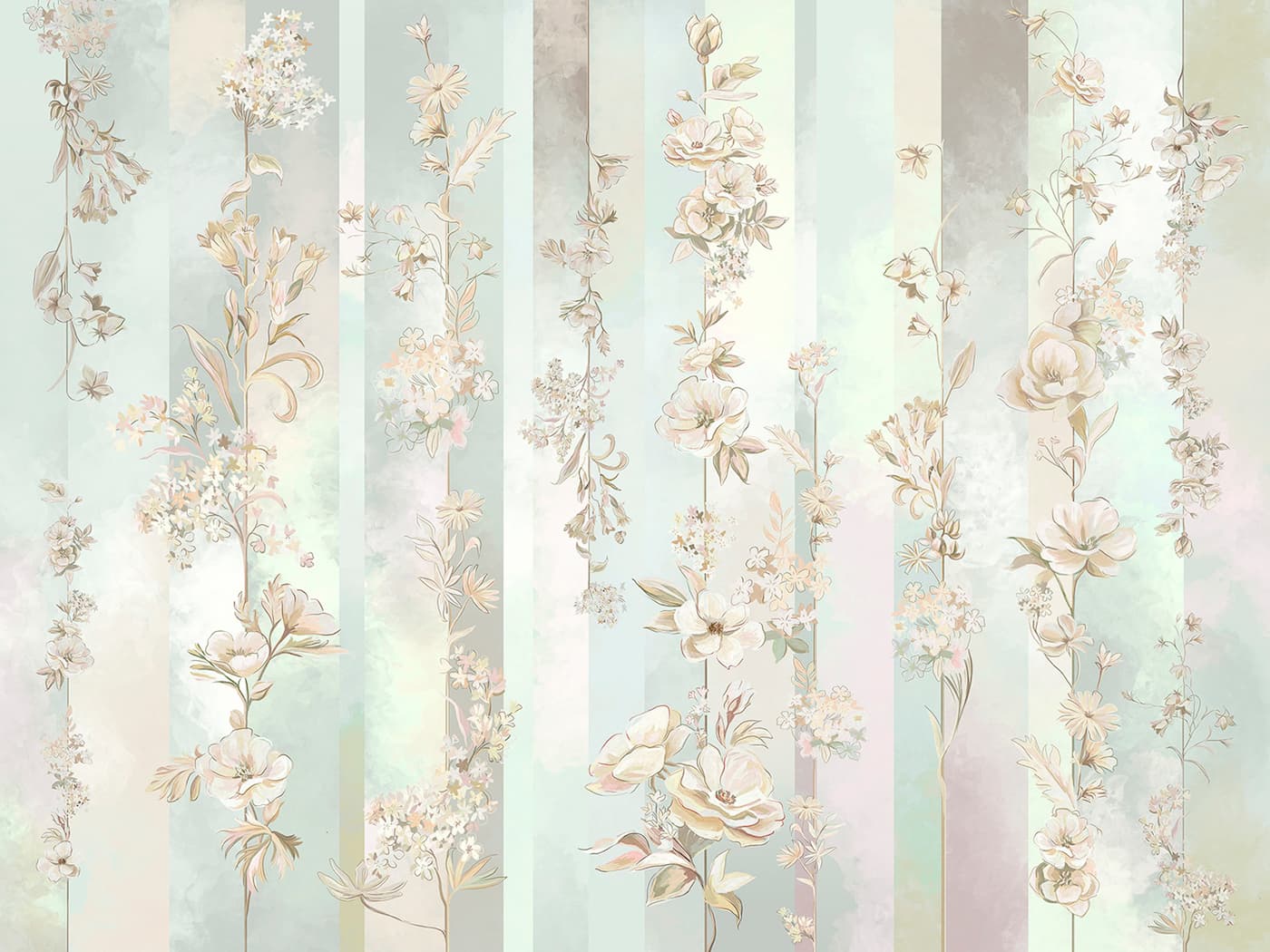Papier peint floral rose, vert et bleu