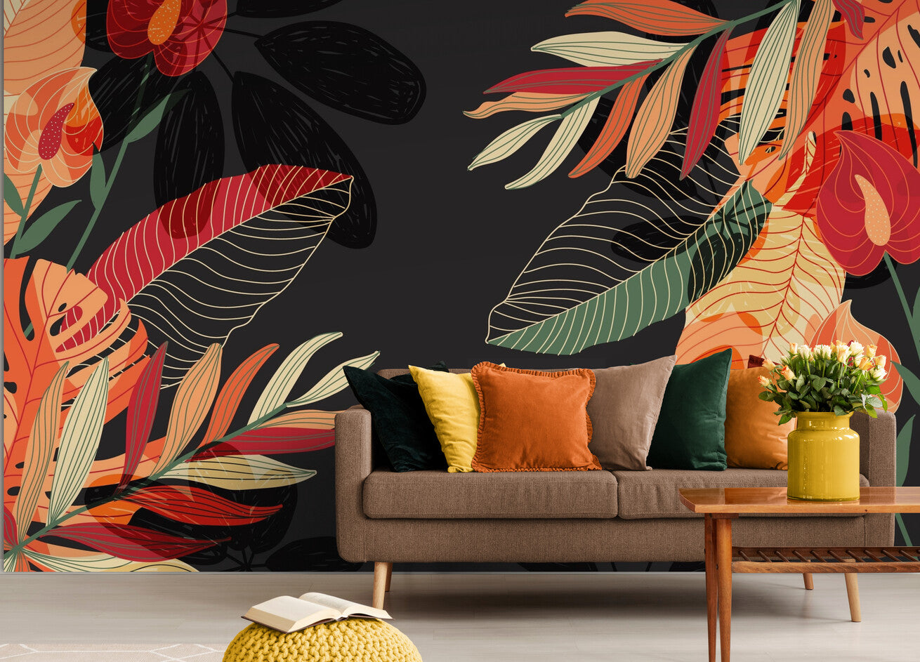 Papier peint plantes tropicales sur fond noir