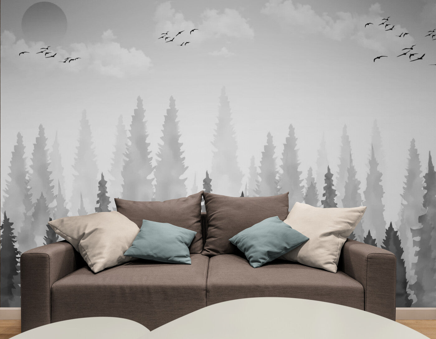 Papier peint noir et blanc forêt et oiseaux