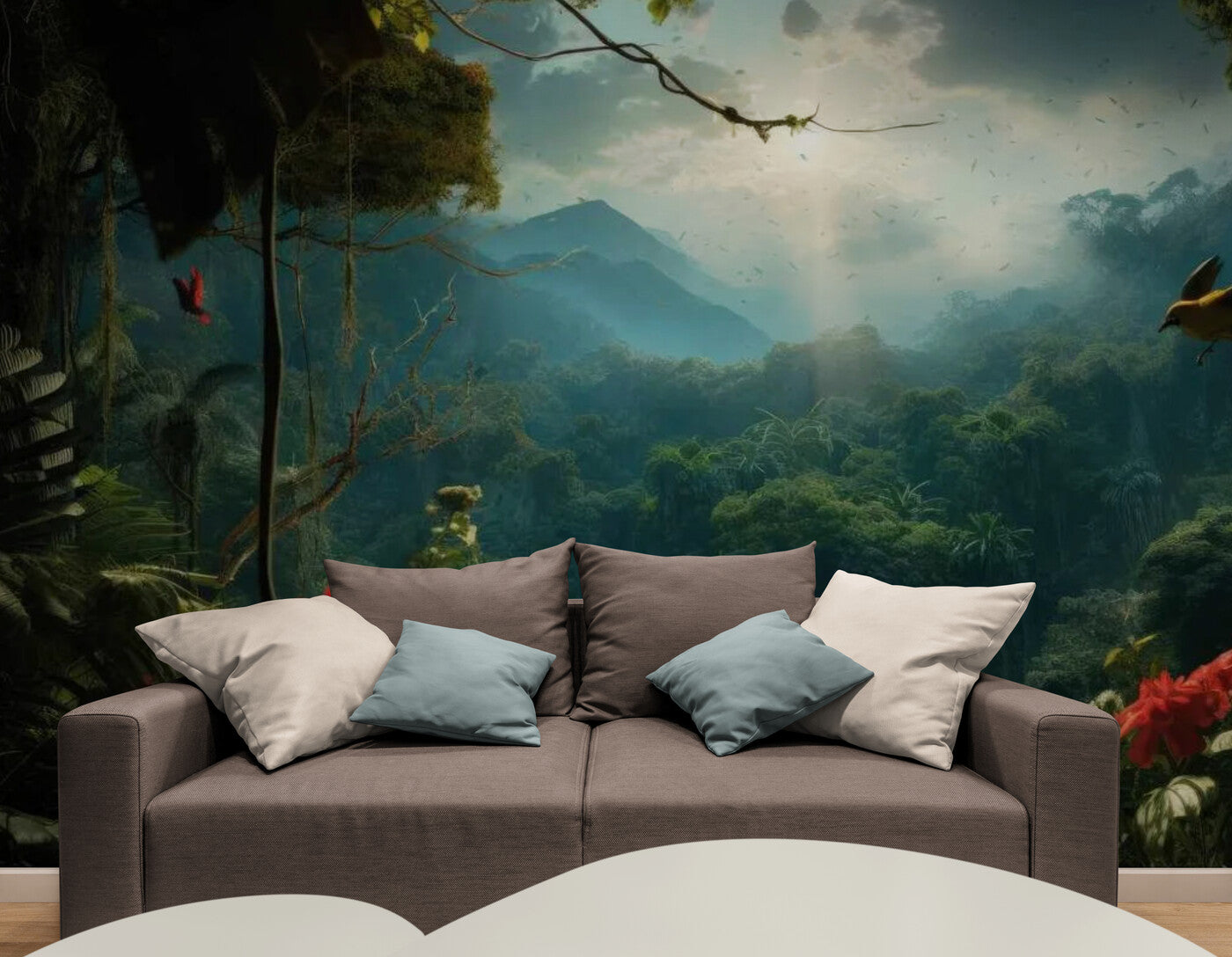 Papier peint panoramique montagne à travers la jungle tropicale