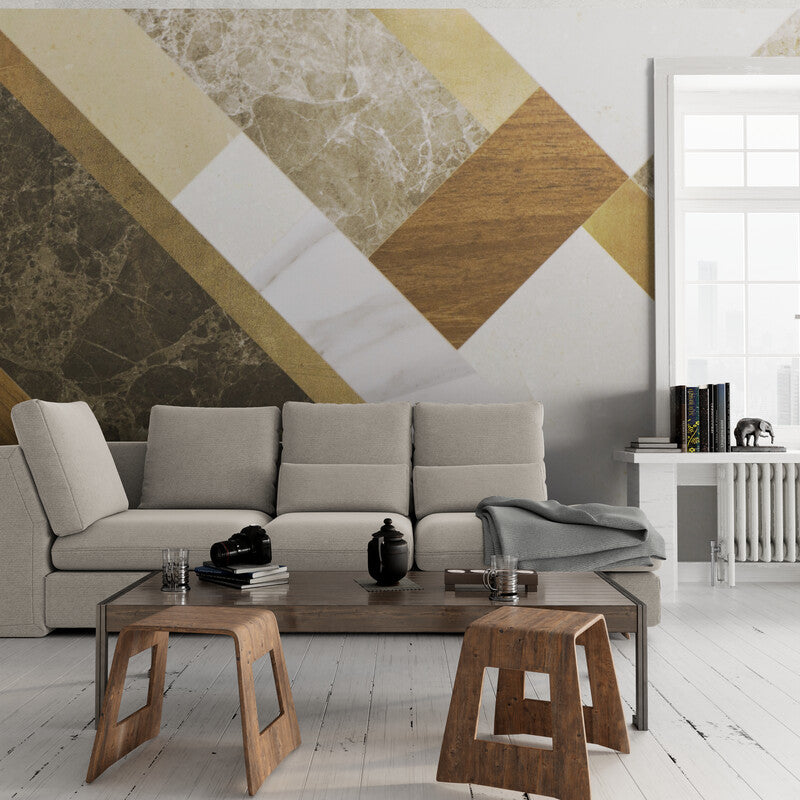 Papier peint motif géométrique marbre et bois