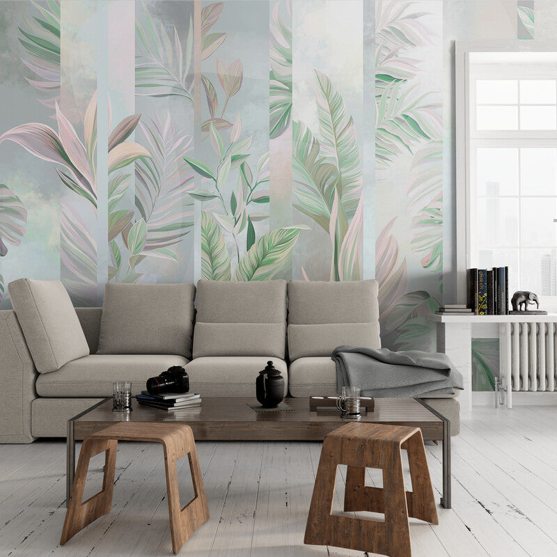 Papier peint fleuri rose et vert mur salon