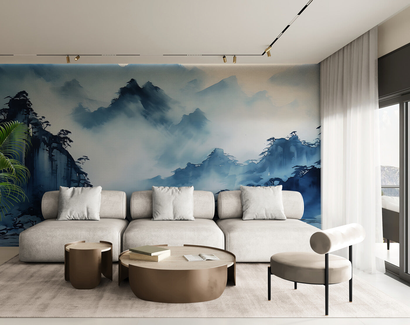 Papier peint japonais montagnes bleues sous la brume