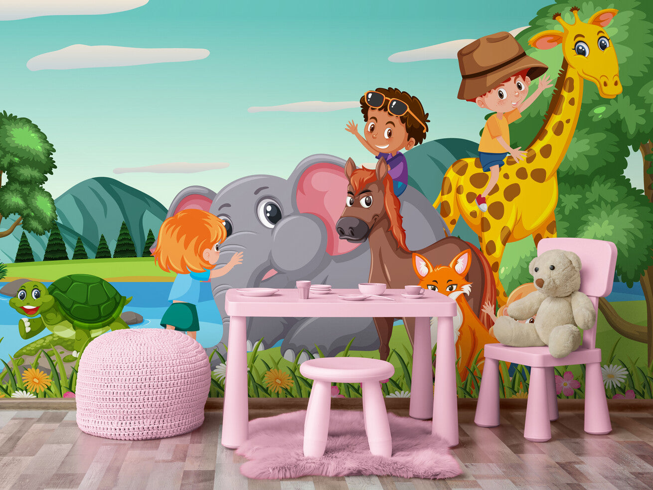 Papier peint animaux savane et enfant