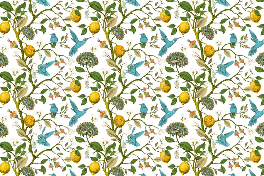 Papier peint citrons et oiseaux