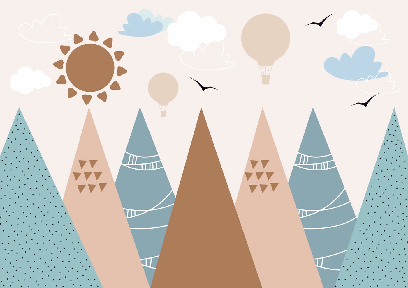 Papier peint enfant montagnes, soleil et montgolfières