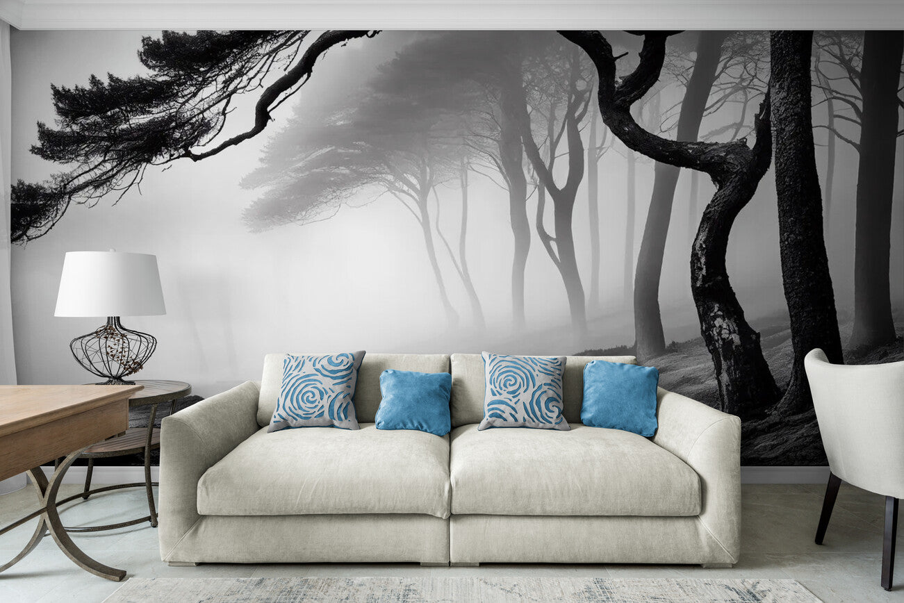 Papier peint noir et blanc forêt brumeuse