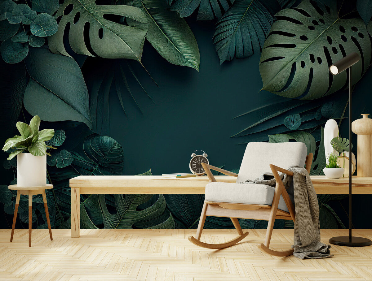 Papier peint feuillage tropical vert kaki