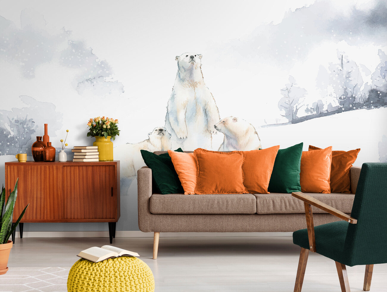 Papier peint scandinave forêt enneigée et animaux