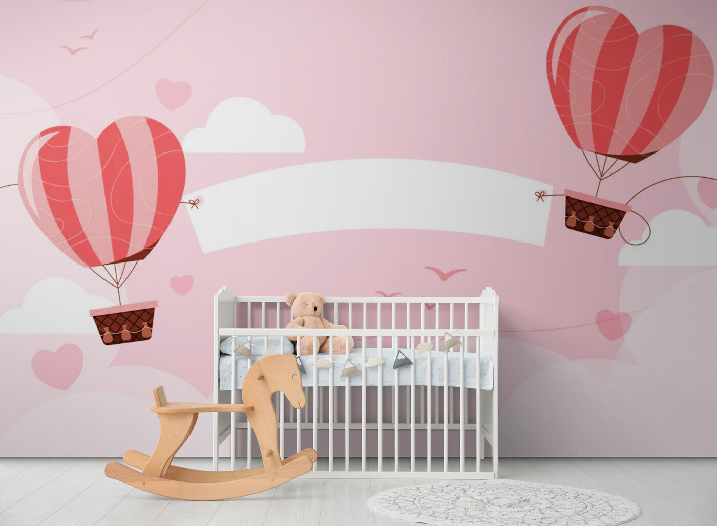 Papier peint nuages et montgolfières roses