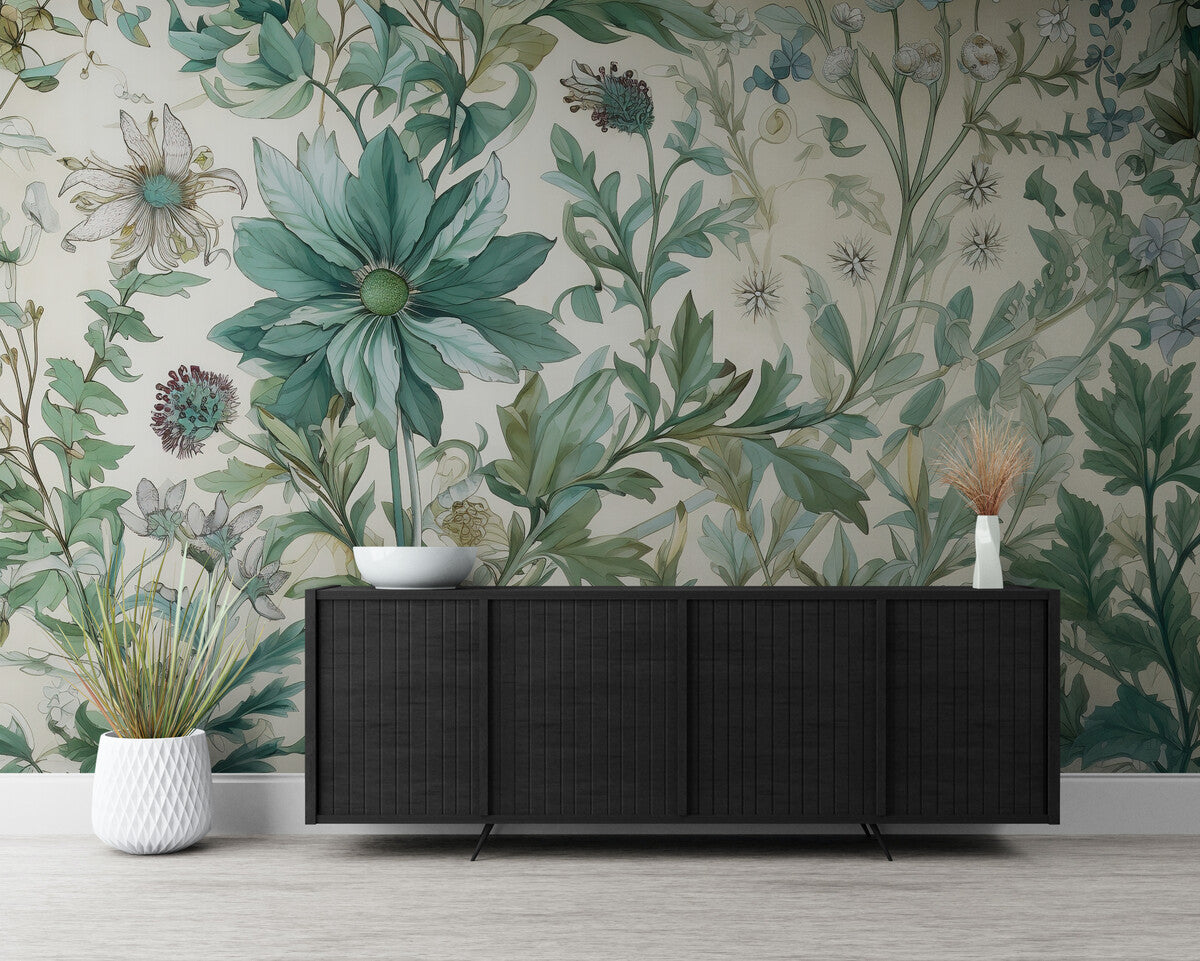 Papier peint fleurs bleues et feuilles vertes
