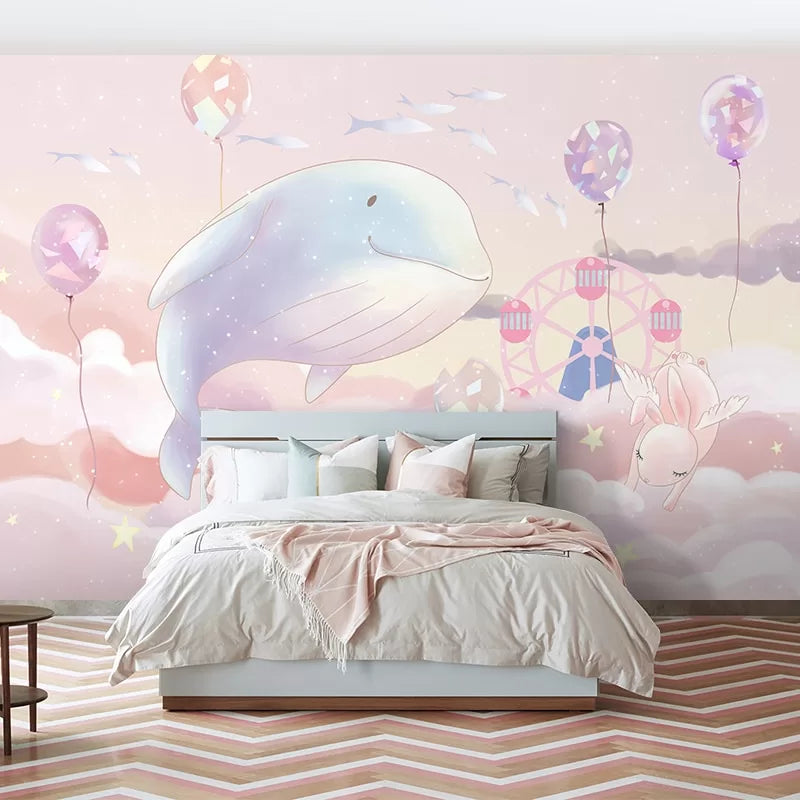 Papier peint enfant fantasy baleine et lapin dans les nuages