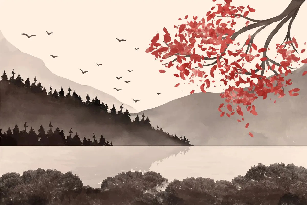 Papier peint japonais lac et montagnes