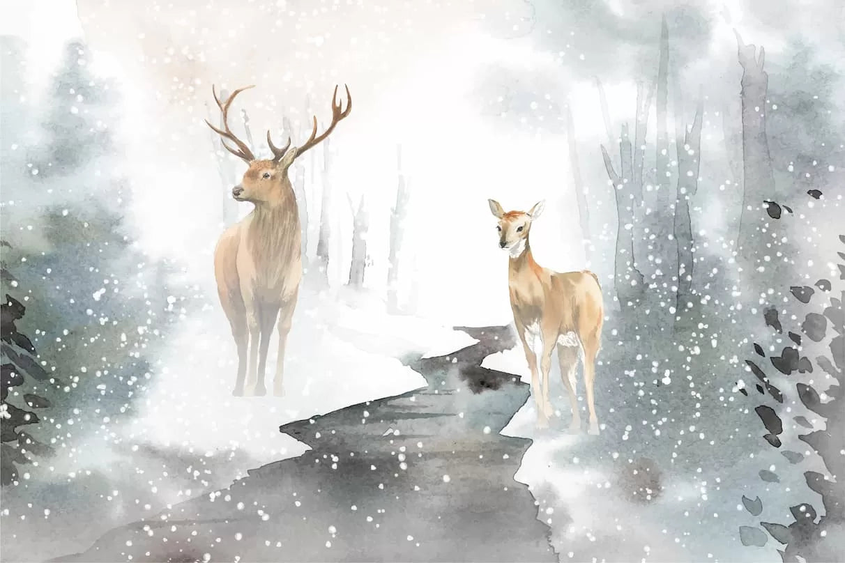 Papier peint paysage forêt enneigée et cerfs