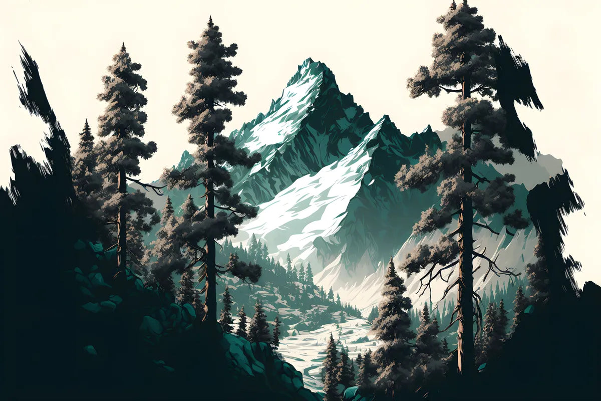 Papier peint paysage montagne à travers les arbres