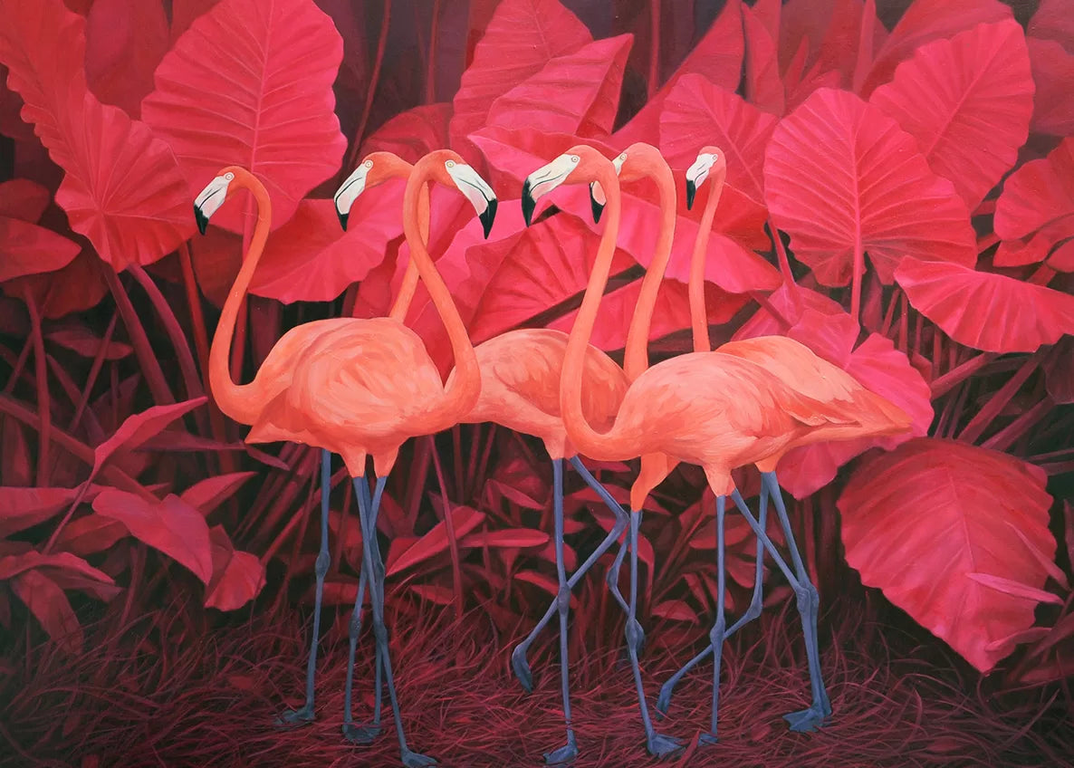 Papier peint plantes tropicales rouges et flamants roses