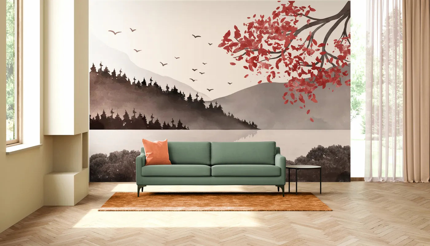 Papier peint japonais lac et montagnes