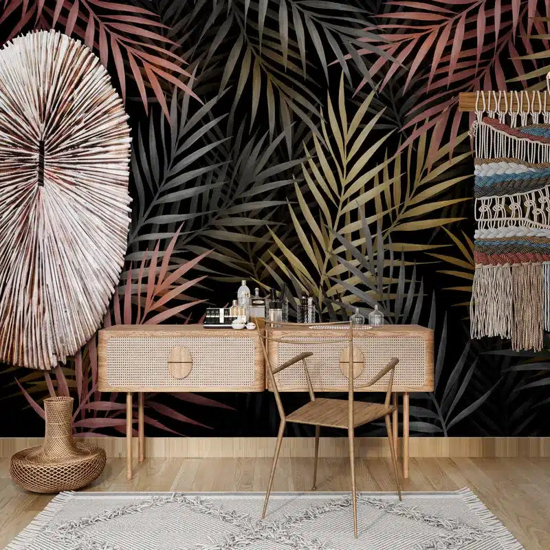 Papier peint feuillage tropicale sombre