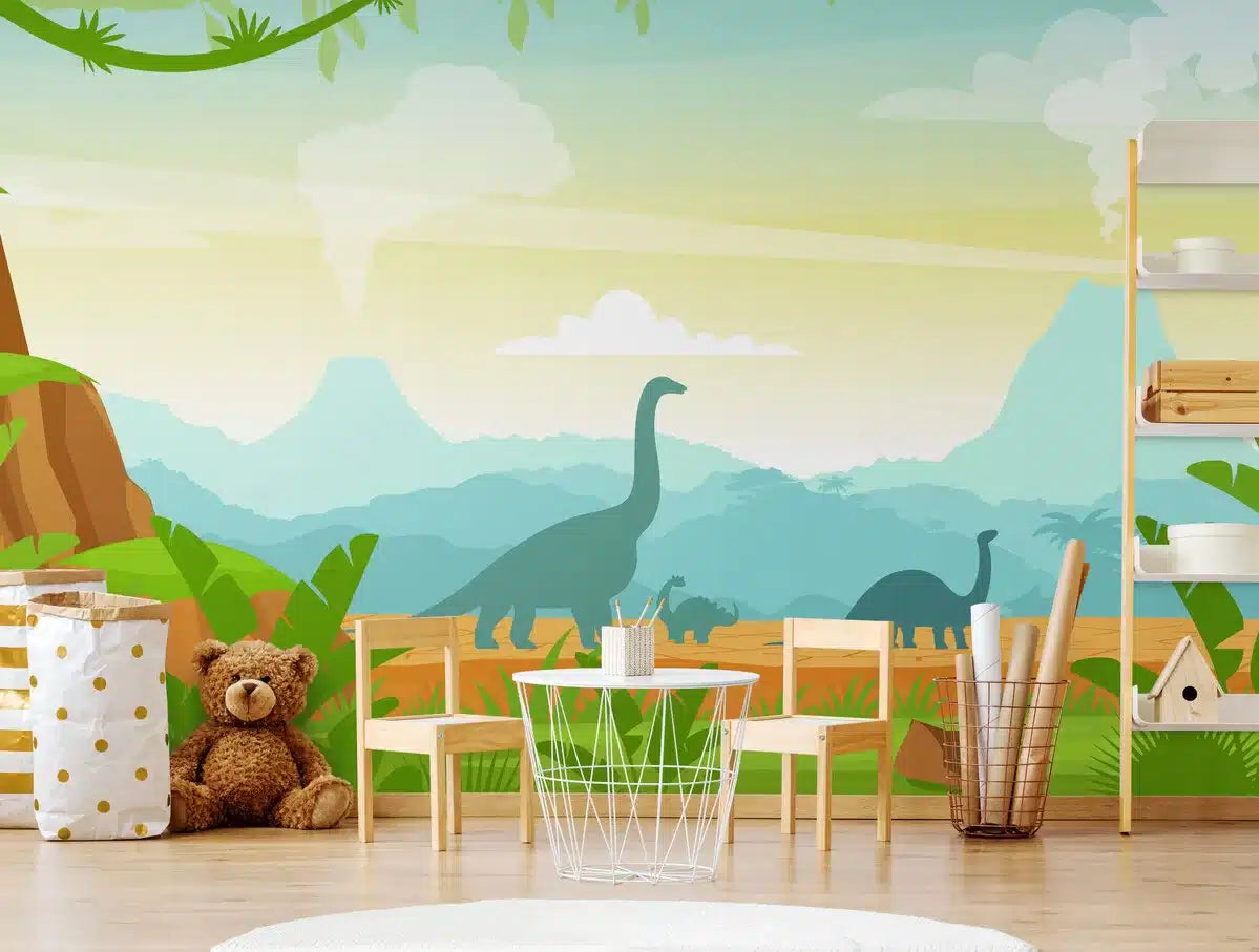 Papier peint enfant montagnes et dinosaures