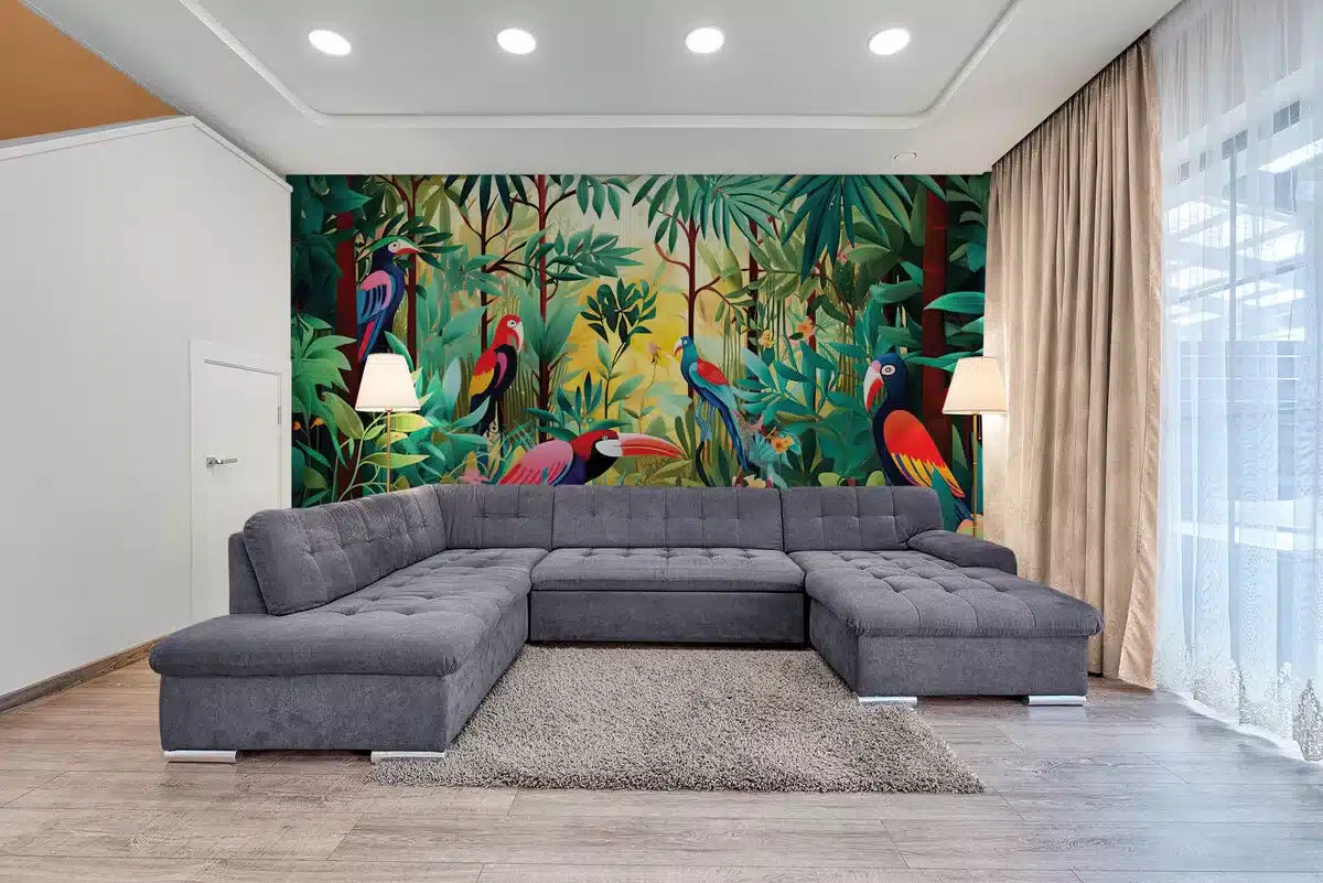 Papier peint jungle verdoyante et oiseaux