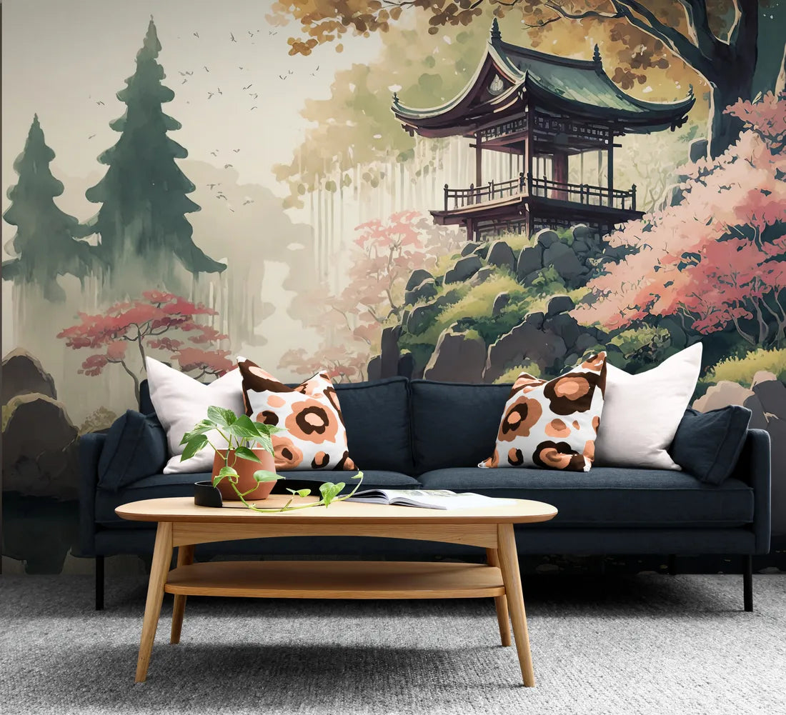 Papier peint japonais étang et temple dans la forêt