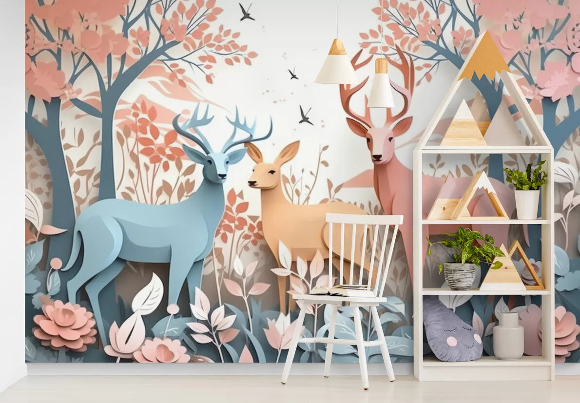 Papier peint enfant floral biche et cerf