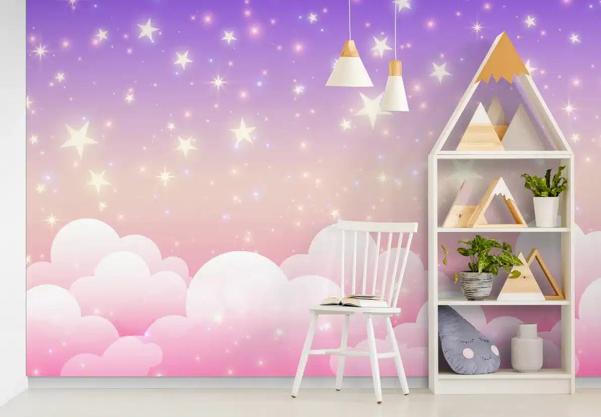 Papier peint enfant nuages roses et étoiles