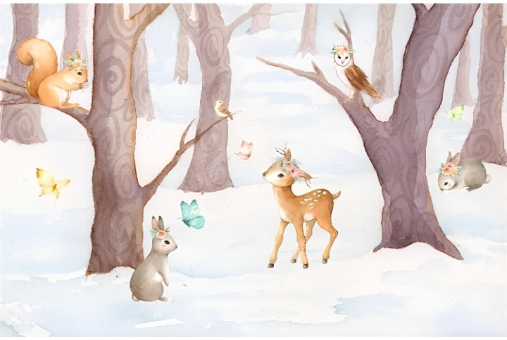 Papier peint paysage enfant animaux de la forêt