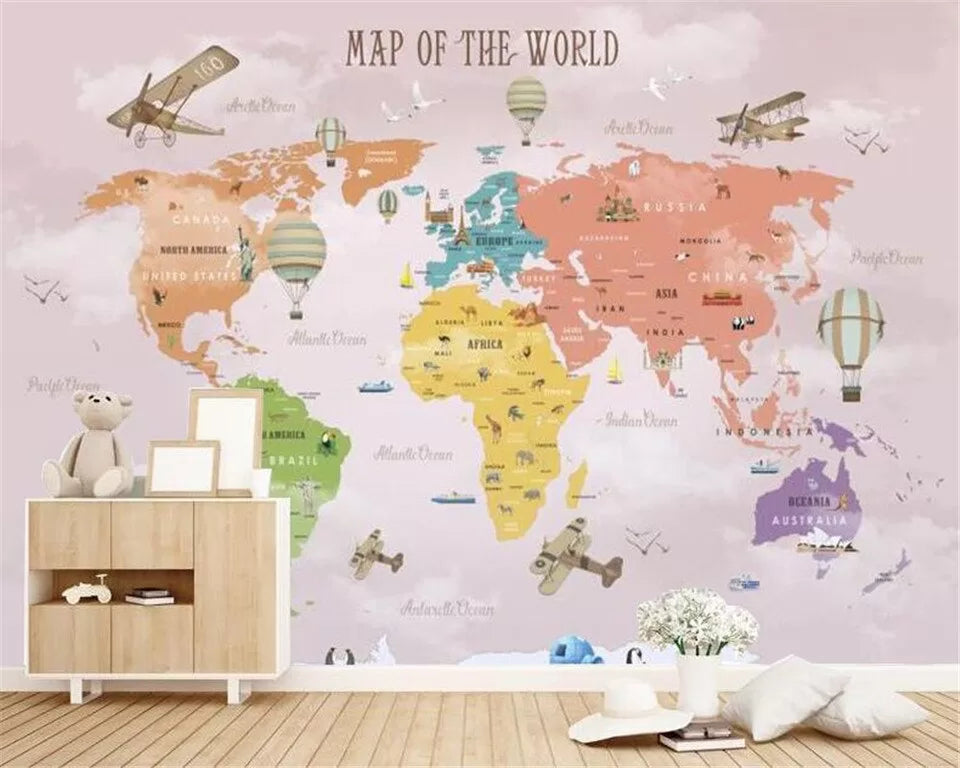 Papier peint enfant carte du monde fond rose