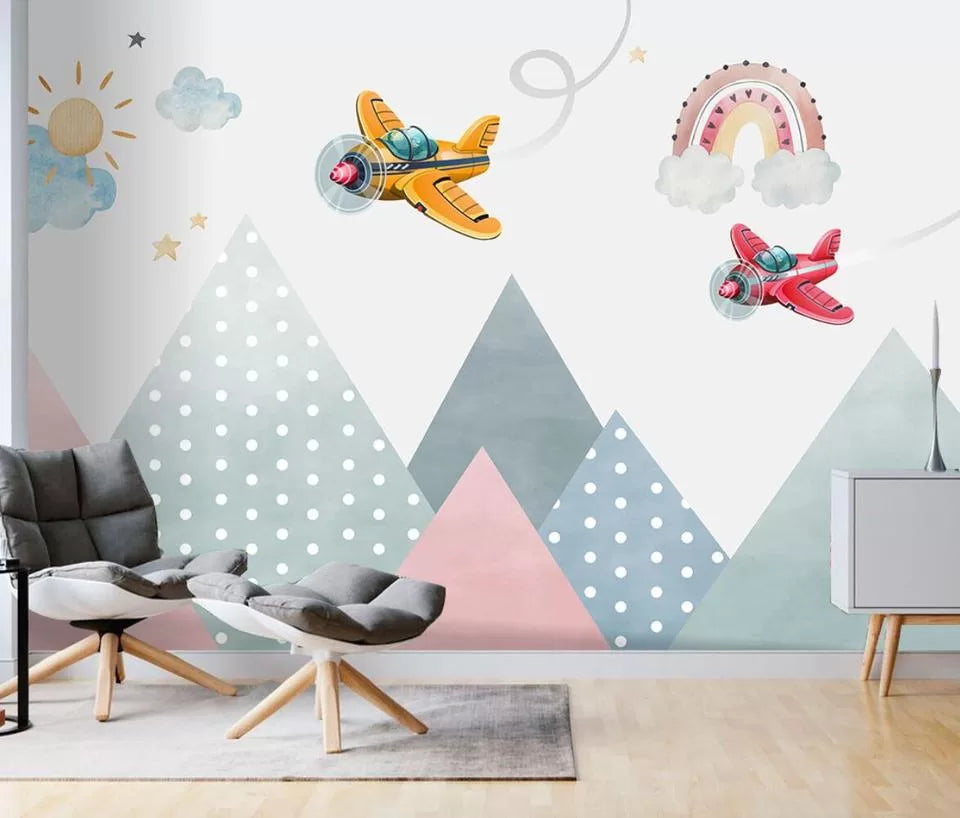 Papier peint enfant montagnes et avions