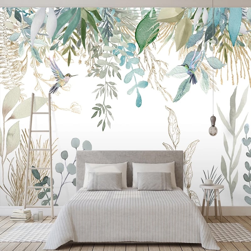 Papier peint oiseaux et feuilles tropicales