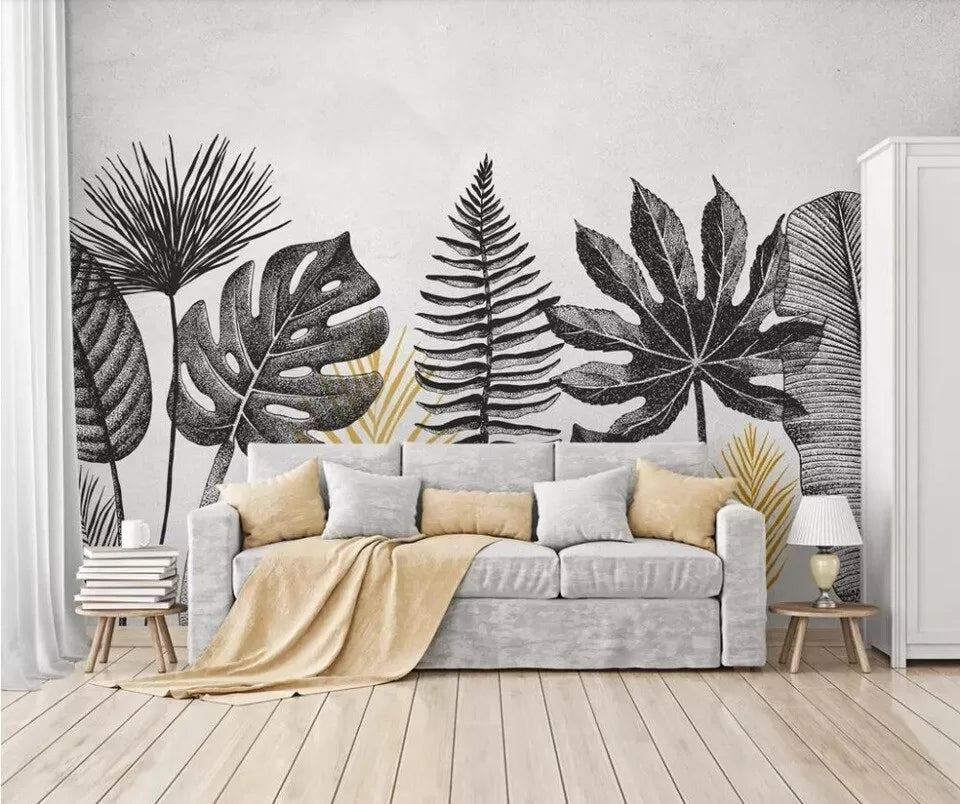 Papier peint plantes noir et blanc
