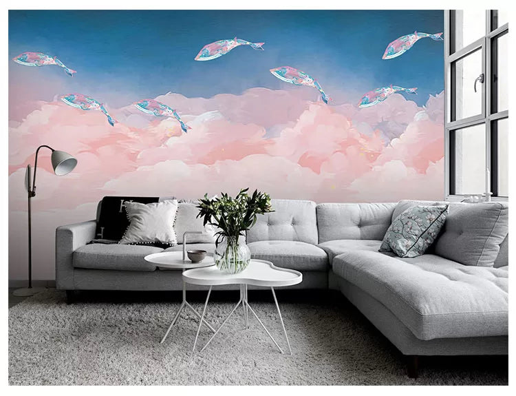 Papier peint poissons volants et nuages roses