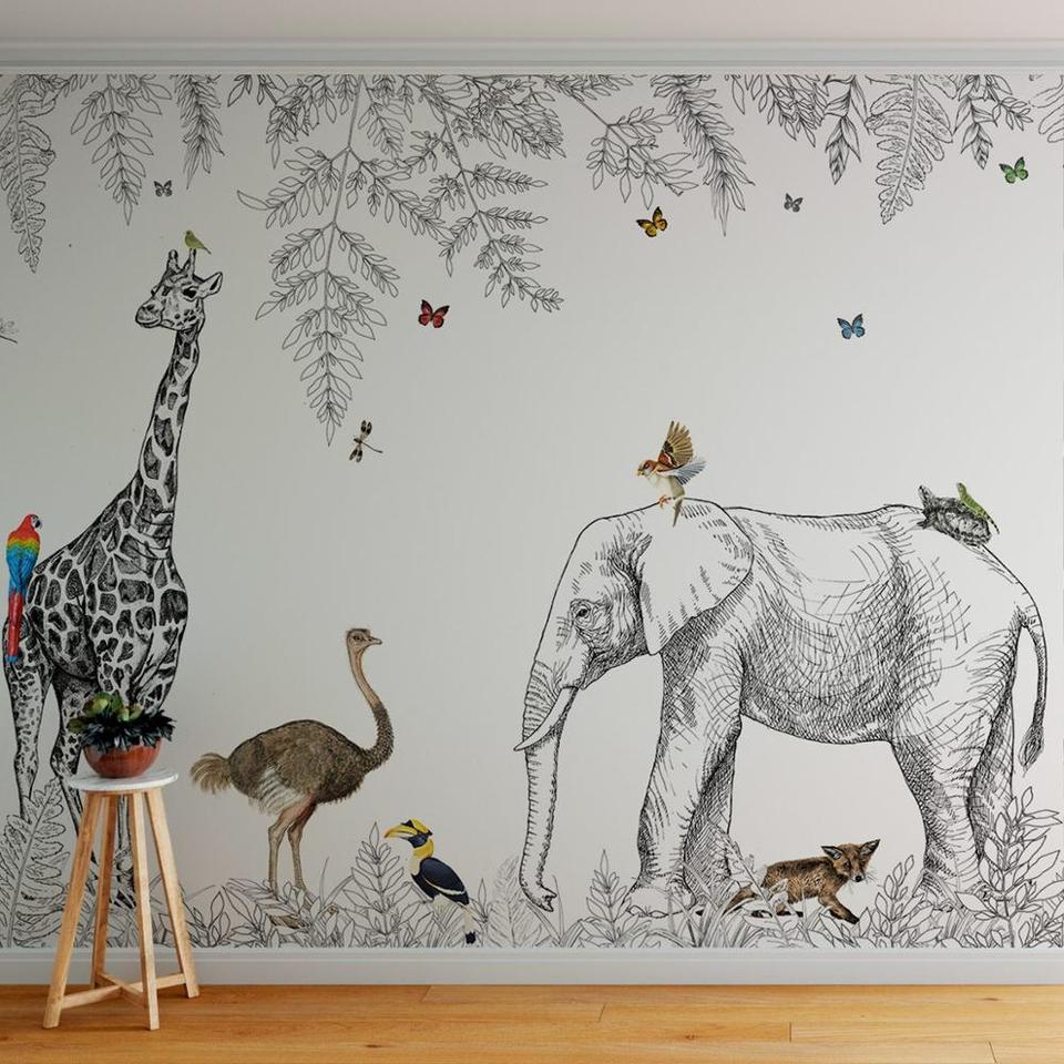 Papier peint noir et blanc animaux tropicaux