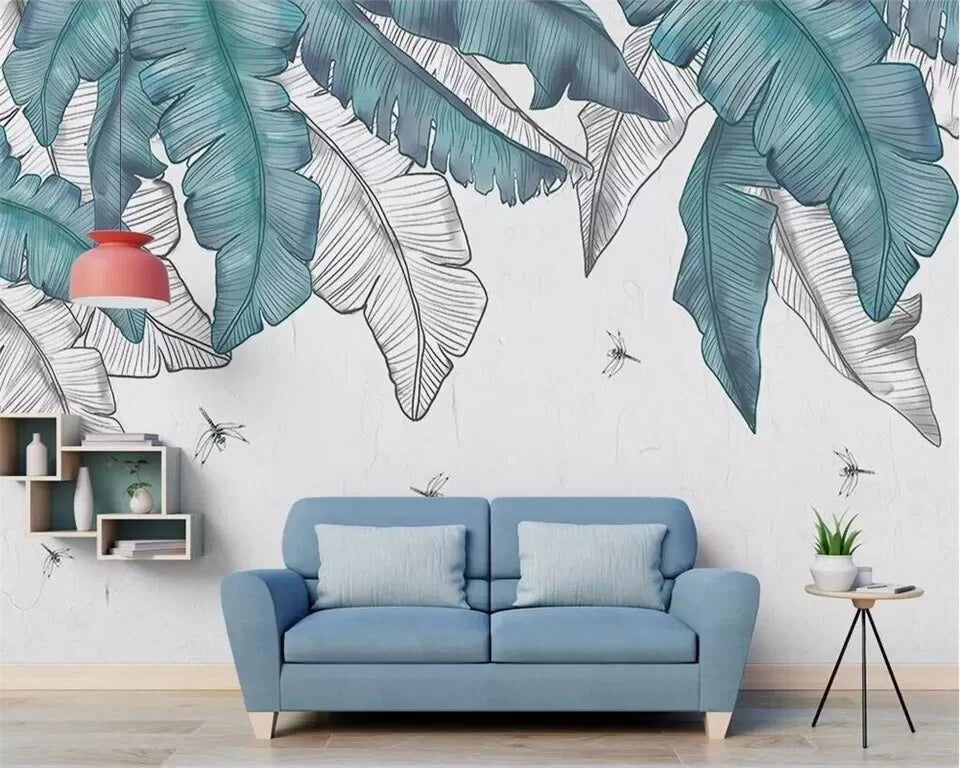 Papier peint feuillage tropical et libellules