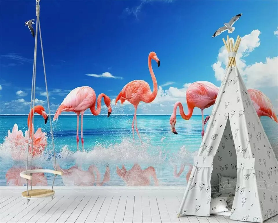 Papier peint panoramique flamants roses dans l'eau