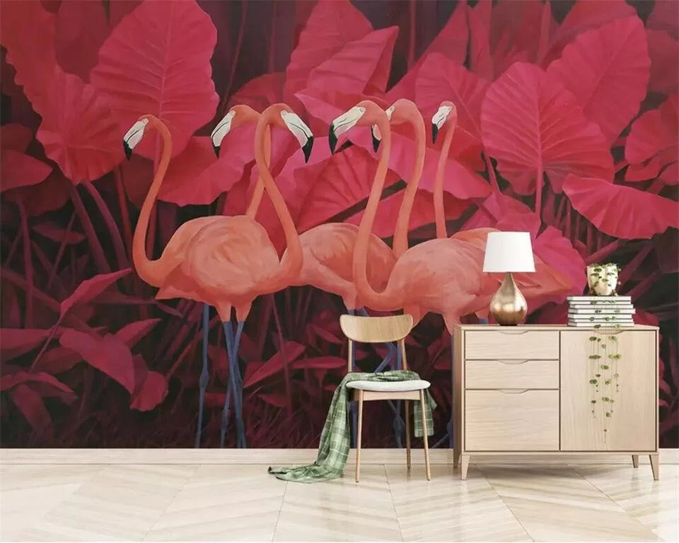 Papier peint plantes tropicales rouges et flamants roses