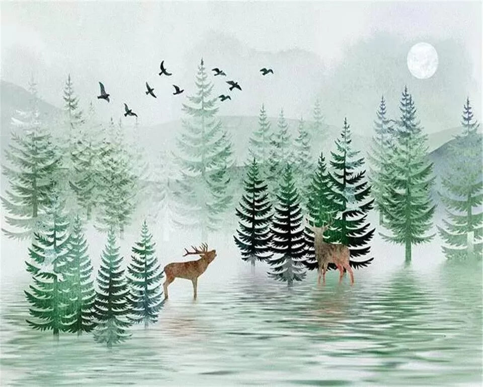 Papier peint enfant paysage forêt de sapin et cerfs