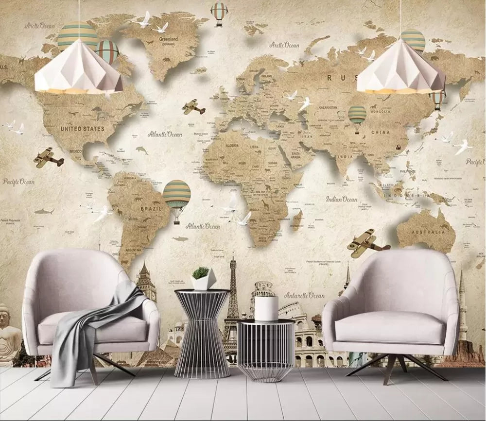 Papier peint carte du monde et monuments