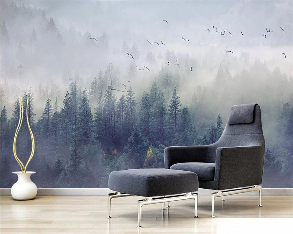 Papier peint paysage panoramique forêt sous la brume