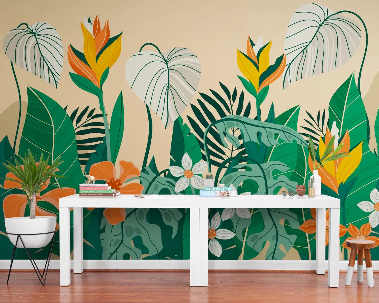 Papier peint nordique plantes tropicales fleuries