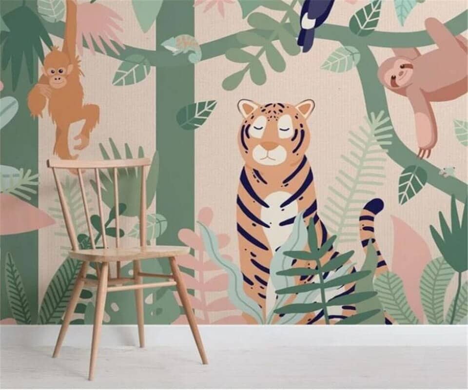 Papier peint enfant animaux singe, paresseux, toucan et tigre