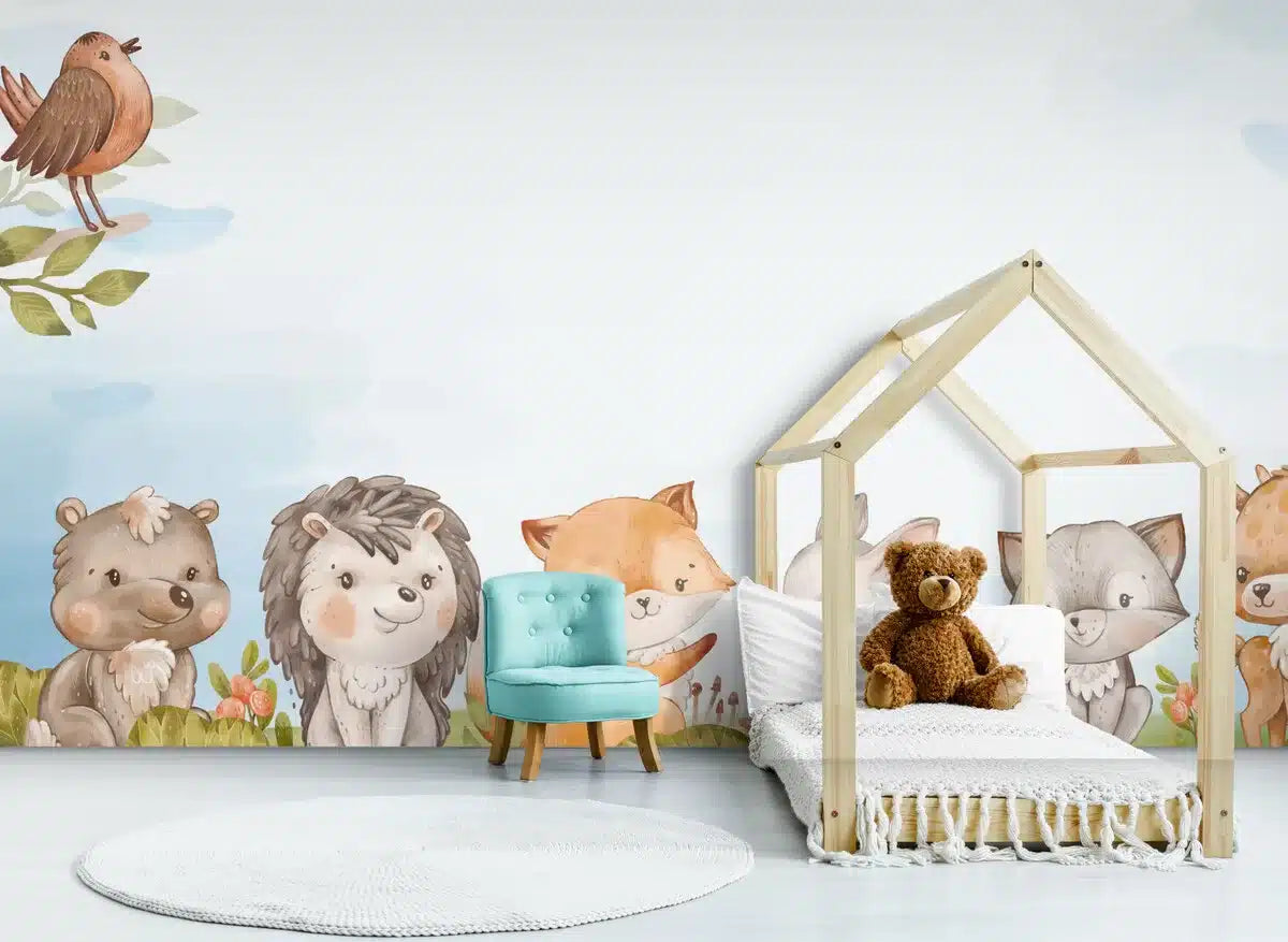 Papier peint enfant biches, renards, hérisson et lapins