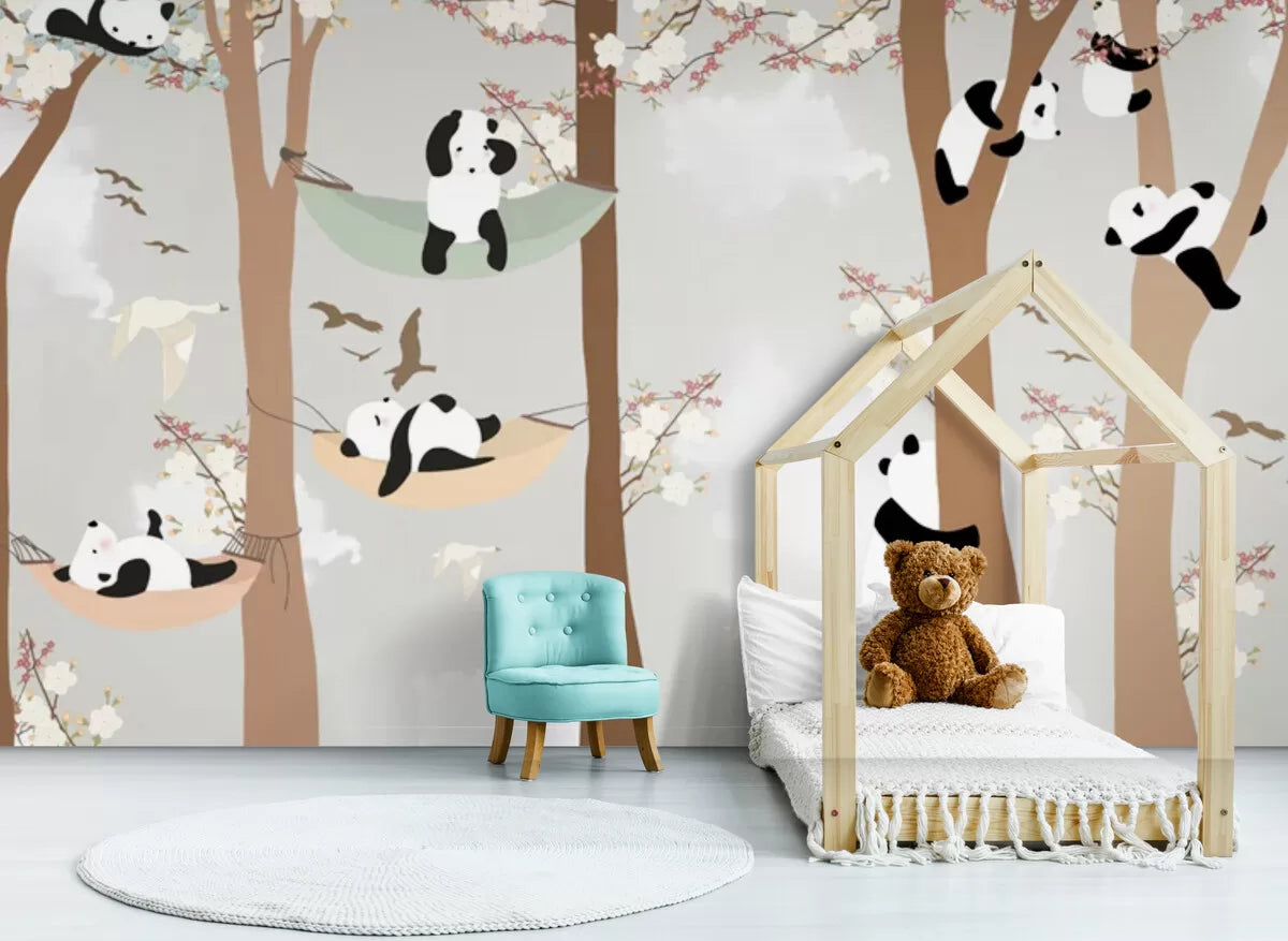 Papier peint enfant pandas dans les arbres