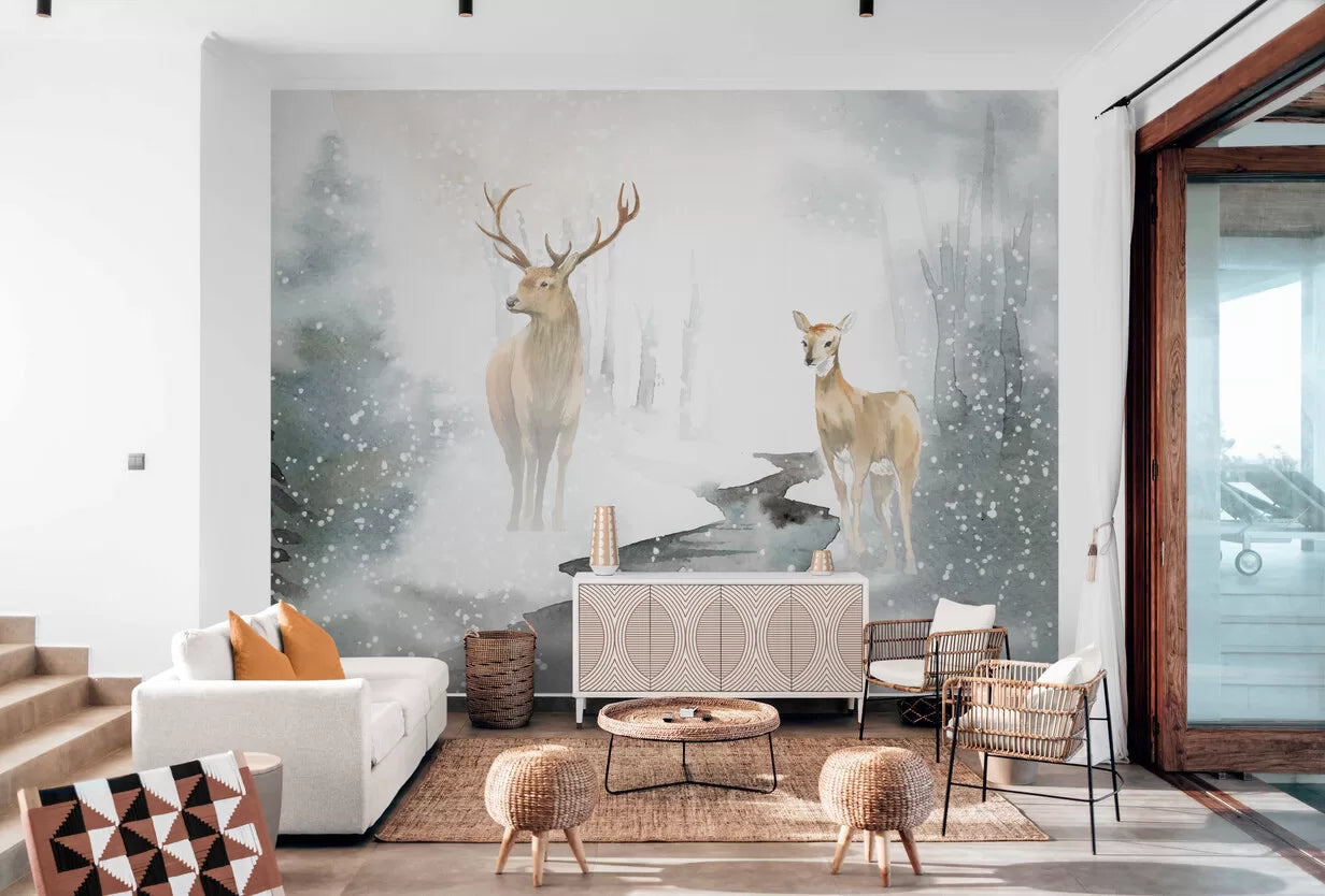 Papier peint paysage forêt enneigée et cerfs