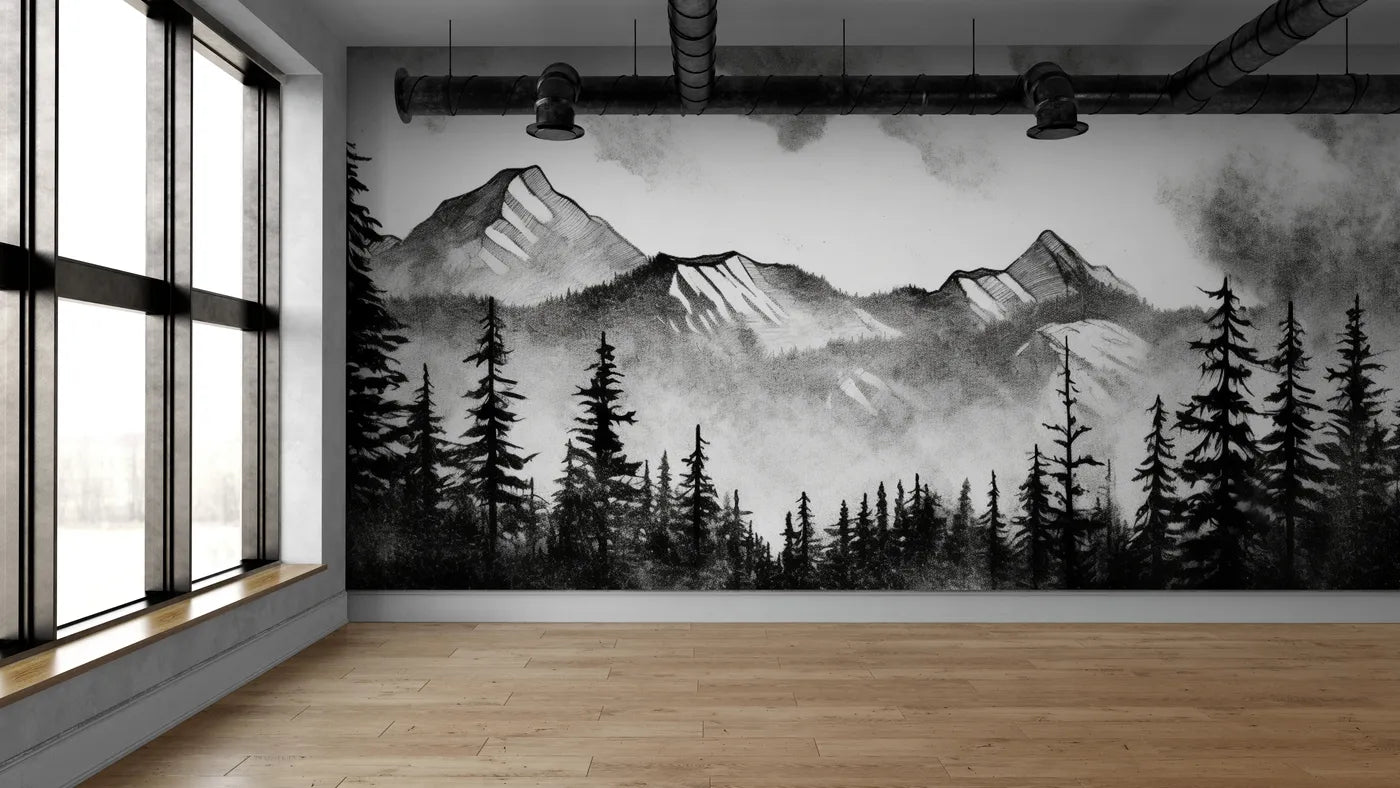 Papier peint forêt de pins et montagne