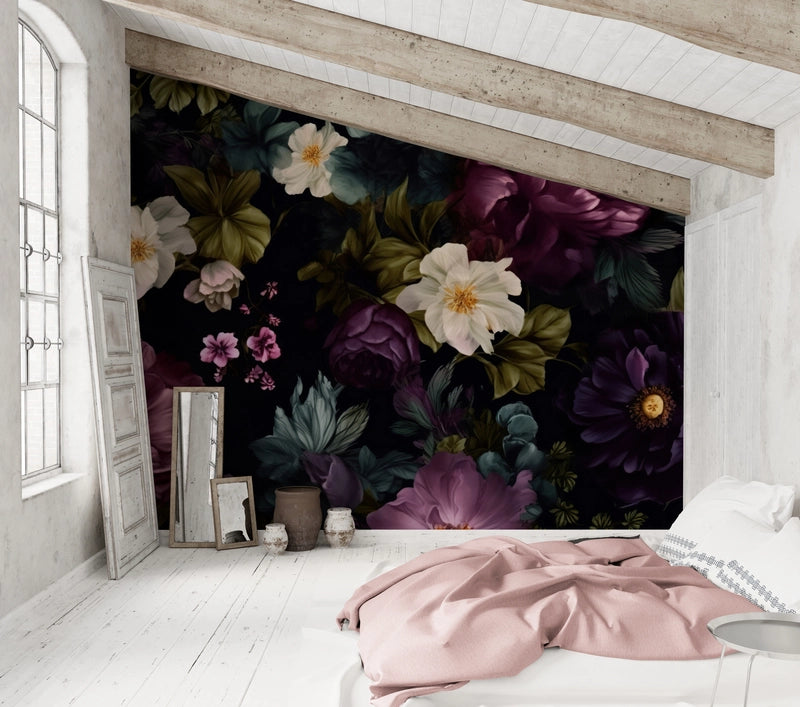 Papier peint fleuri sur fond noir chambre