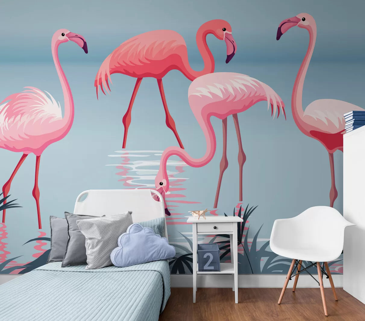 Papier peint enfant flamants roses dans l'eau